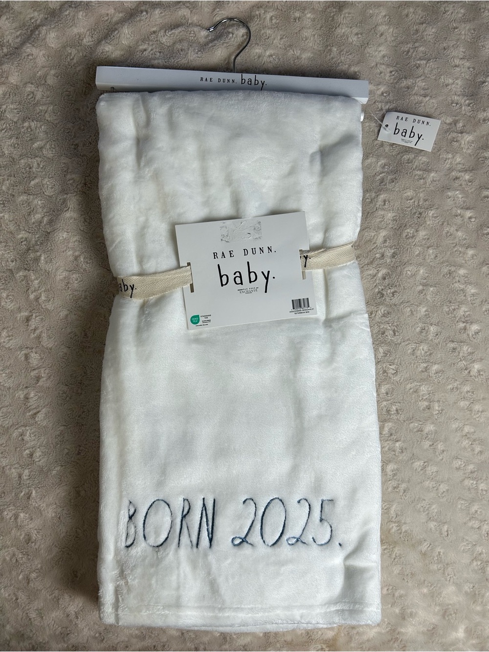 Rae Dunn Baby Born 2025 Blue White Blanket NEW Plush Soft Security Lovey